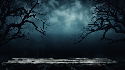Spooky halloween scene with wooden table and dead tree silhouette