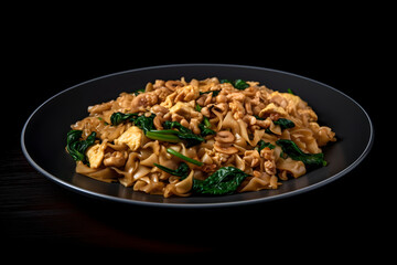 Pad see ew on a black background, food photography, product presentation, product display, banner background