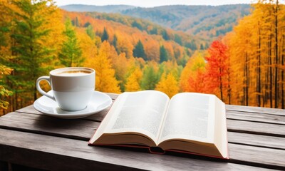an open book and white coffee cup on the table, forest view autumn - Powered by Adobe