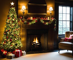 a christmas tree with presents and a rocking chair in front of a fireplace