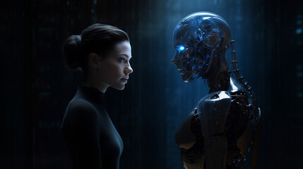 Woman in Front of AI Robot with Dark Background