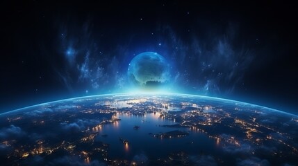 Planet earth from space: a panoramic view of the glowing city lights and light clouds on the globe - obrazy, fototapety, plakaty