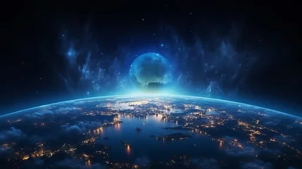 Fotobehang Planet earth from space: a panoramic view of the glowing city lights and light clouds on the globe © hassan