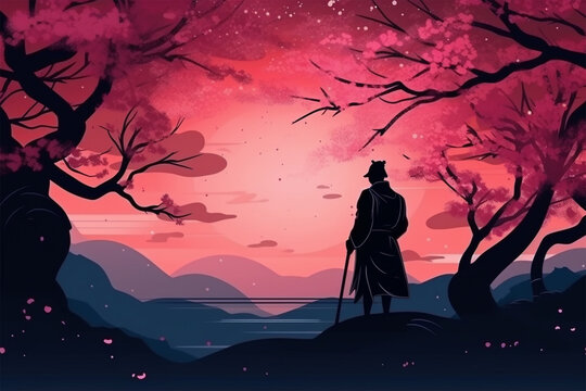 anime style illustration, a samurai under a cherry blossom tree