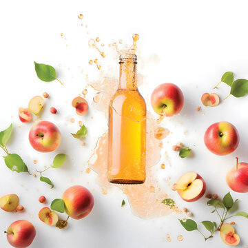 Bottle of apple juice or cider with splashes and apples. Pastel white background. Fruit beverage refreshment. Autumn agricultural fermented product. Natural vinegar diet. Flat lay.