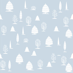 Christmas tree seamless pattern. Winter forest hand drawn Noel print, New year holidays decoration, blue background with fir tree, wallpaper, wrapping paper design, decor, gift wrap.