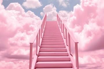 Stairway to heaven. Pink staircase in the  sky with clouds.  Dreamy landscape.