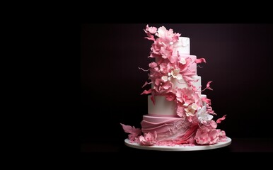 pink wedding novelty fondant multi tier cake with floral design isolated on black background. Sugar paste flowers decor.
