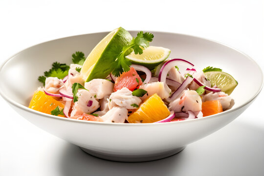 Seafood ceviche with lime and radish on a white background, Peruvian seafood and fish sebiche