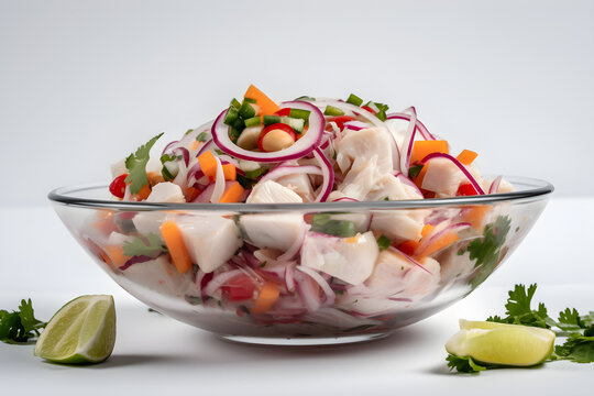 Seafood ceviche with lime and radish on a white background, Peruvian seafood and fish sebiche