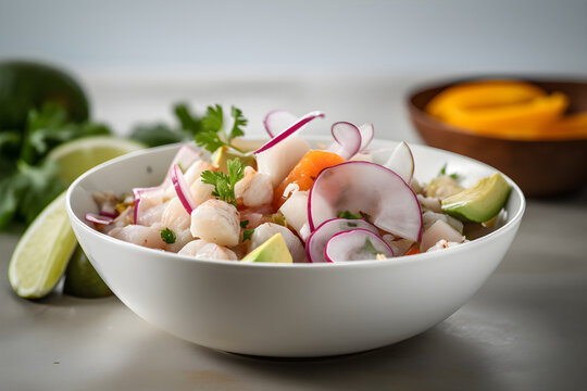 Seafood ceviche with lime and radish on a white background, Peruvian seafood and fish sebiche
