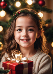 Happy Smiling European Little Girl in Merry Christmas and Happy New Year Vibe