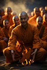  Shaolin master leading a group in the ancient art of Qigong, emphasizing inner energy and healing,...