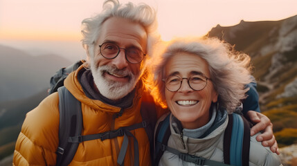 Old hiking couple with grey hear enjoy the beautiful sunset in the mountain during a hiking tour and making a happy smiling self portrait selfie, generative ai 