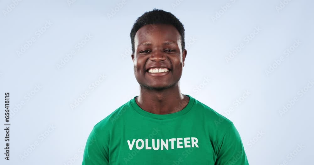 Sticker Volunteer, face and happy black man for charity outreach project, studio pollution support or non profit social responsibility. Smile, volunteering commitment or NGO model portrait on blue background