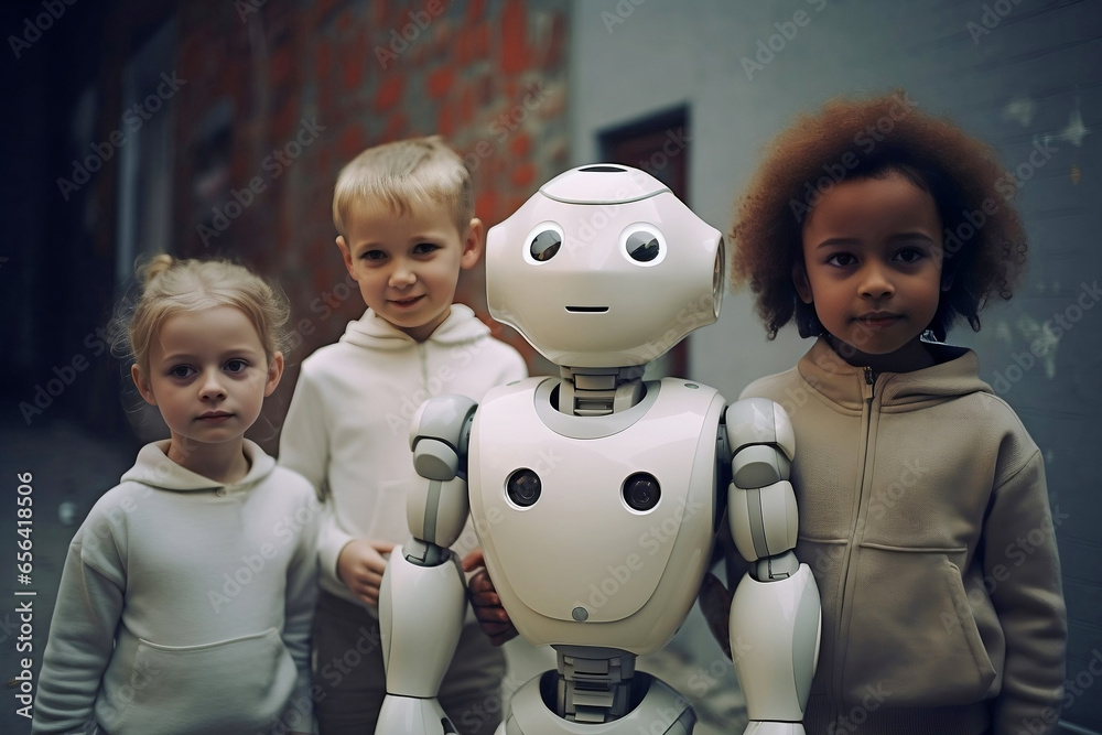 Wall mural children with artificial intelligence android robot