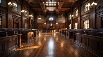 Empty courtroom in American style. Stand of the Supreme Court of Law and Justice. Large wooden interior with judge's bench, defendant's and plaintiff's tables - obrazy, fototapety, plakaty