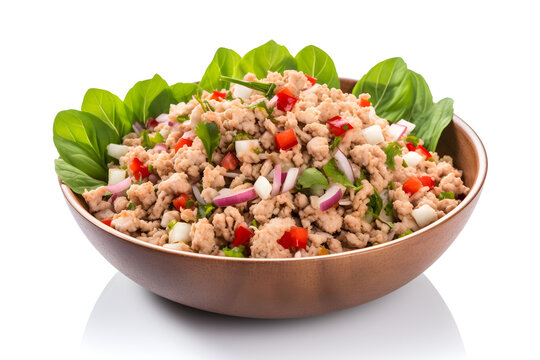 Spicy larb with meat salad, basil and onion on white background, food photography, Clip art