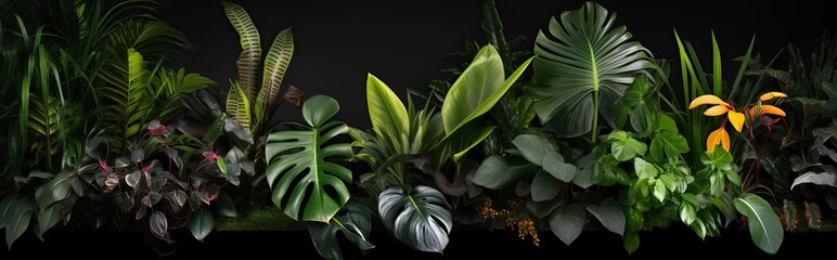 closeup view of various kinds of tropical plants combined. Background of tropical plants with a dark natural appearance and flat layout. - obrazy, fototapety, plakaty