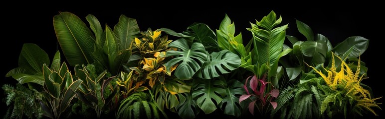 Fototapeta na wymiar closeup view of various kinds of tropical plants combined. Background of tropical plants with a dark natural appearance and flat layout.