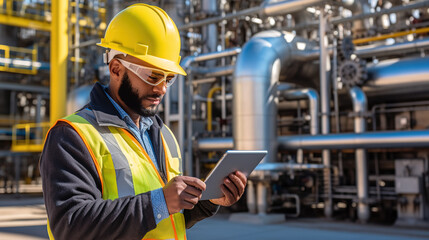 Middle eastern male engineer wearing yellow safety helmet and uniform, using tablet while standing in front of oil refinery. Industry zone gas petrochemical. - obrazy, fototapety, plakaty