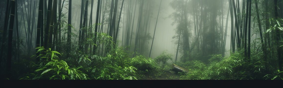 Fototapeta view of bamboo forest with fog in the morning during the rainy season. isolated on a bamboo background
