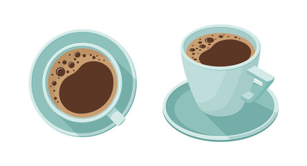 Illustration of coffee in blue cup. Top view and isometric. Isolated vector and PNG on transparent background.