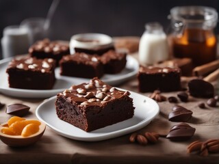 Fototapeta na wymiar Delicious homemade brownie with ingredients on blurry background