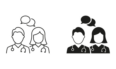 Doctors Consultation with Speech Bubble Line and Silhouette Icon Set. Physicians Speak Healthcare Chat Pictogram. Medic Specialist Conversation Symbol Collection. Isolated Vector Illustration