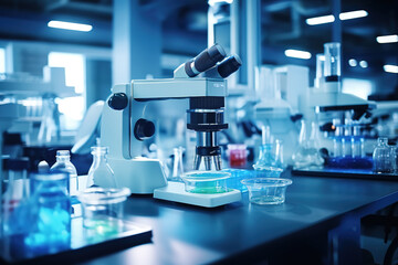 Close up of microscope in medical research lab interior.