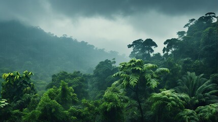 view of tropical forest with fog in the morning during the rainy season. isolated on a green garden background
