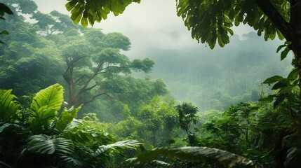  view of tropical forest with fog in the morning during the rainy season - obrazy, fototapety, plakaty