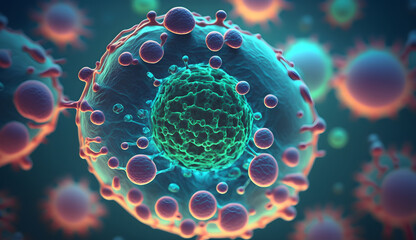 3d rendering of Human cell or Embryonic stem cell microscope background. Generative Ai. - obrazy, fototapety, plakaty