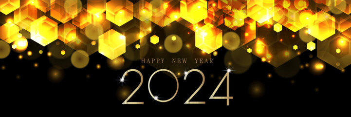 2024 new year elegant gold hexagon with lighting effect sparkle on black background. Template premium award design. Vector illustration