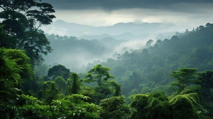 view of tropical forest with fog in the morning during the rainy season. isolated on a green garden background