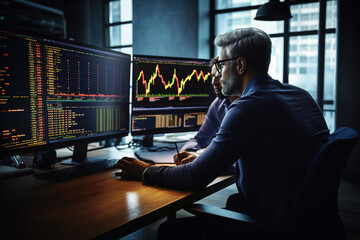 Side view of two crypto traders brokers stock exchange market investors looking at multi monitor screens analyzing invest strategy and financial risks. - obrazy, fototapety, plakaty