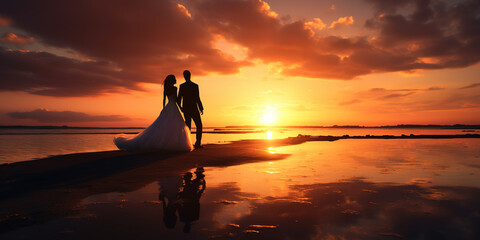 Full length body of wedding couple posing on sunset at wedding day on summer beach. Bride and groom in love.