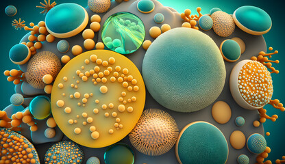 Abstract biology background, microscopic view of organic substance or cells. Candida fungi, Candida albicans, and other human pathogenic yeasts, 3D. Generative Ai. - obrazy, fototapety, plakaty