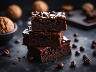 Delicious homemade brownie with ingredients on blurry background