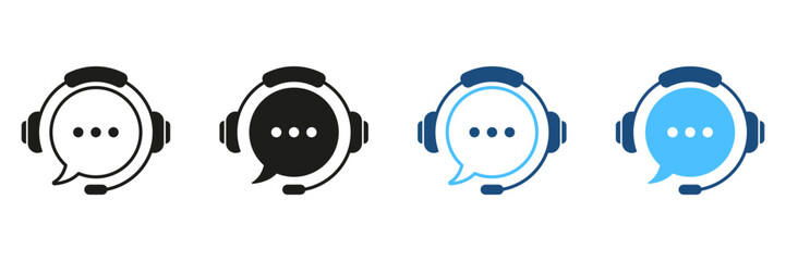 Help Call Center, Hotline Silhouette Icon Set. Customer Support Service Pictogram. Online Operator Symbol Collection. Headset with Speech Bubble Black and Color Sign. Isolated Vector Illustration