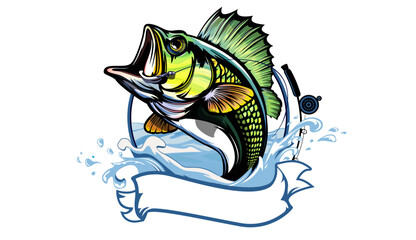 Fishing bass logo. Bass fish with rod club emblem. Fishing theme illustration. Fish Isolated on white.