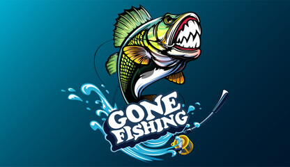 Fishing bass logo. Bass fish with rod club emblem. Fishing theme illustration. Fish Isolated on white.