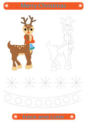 Tracing lines for children. Christmas, cute Christmas deer, handwriting practice development. EPS10 vector