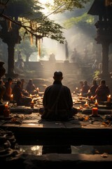  Kung Fu practitioners meditating in a tranquil temple, emphasizing the spiritual aspect of martial arts, Generative AI