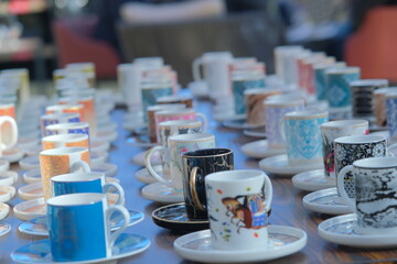 many colorful patterned turkish coffee cups