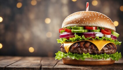 Burger meal concept. Cheeseburger on a wooden surface with golden bokeh lights background. For burger restaurants, fast food, diner. With large negative space for text and image advertising.