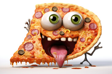 A humorous cartoon of a hangry pizza with an expressive character is isolated on a white background, perfect for comical and whimsical illustrations.