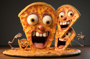 A humorous cartoon of a hangry pizza with an expressive character is isolated on a dark  background, perfect for comical and whimsical illustrations.