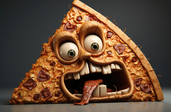 A humorous cartoon of a hangry pizza with an expressive character, perfect for comical and whimsical illustrations.
