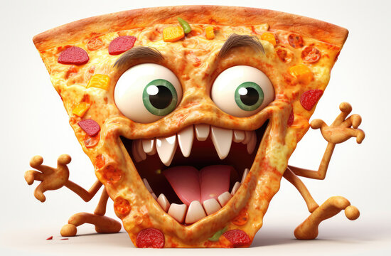 A humorous cartoon of a hangry pizza with an expressive character is isolated on a white background, perfect for comical and whimsical illustrations.